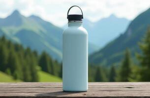 A blue reusable water bottle stands on a wooden table against a backdrop of lush green mountains and clear blue skies in the morning light photo