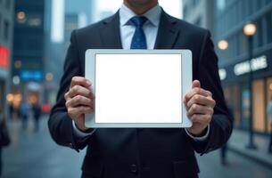 A business professional holds a tablet in a bustling city street surrounded by skyscrapers during the early evening hours photo
