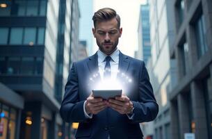 A businessman in a suit uses a tablet with glowing effects in a modern urban environment during the late afternoon photo
