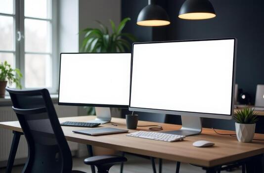 Modern workspace featuring dual monitors and a minimalist design with greenery during daylight photo