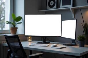 Modern workspace with dual monitors and plants, designed for productivity in a cozy room during daylight photo