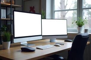 Modern workspace with dual monitors, keyboard, and plant decor in a bright, serene home office setting during the daytime photo