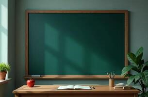 A classroom setup featuring an empty chalkboard, desk with open notebook, apple, and potted plant in warm afternoon light photo