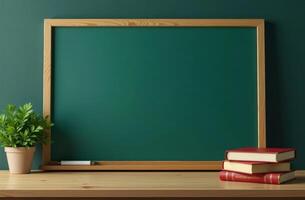 A clean chalkboard with books and a plant on a wooden desk in a classroom setting photo