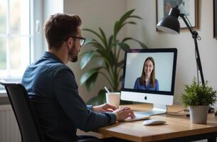 Man working at a desk and chatting with a woman on a computer during daylight in a cozy home office photo