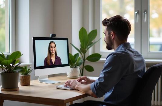 A man engaged in a virtual meeting with a woman on a computer at his home workspace surrounded by plants during the afternoon photo