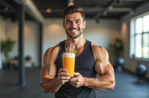 A fit man enjoys a refreshing smoothie in a modern gym during a workout session, promoting health and fitness with enthusiasm photo
