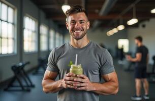 Young man smiles while holding a green smoothie in a fitness gym during a workout session with others nearby photo