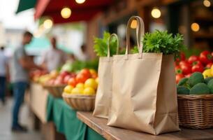 Fresh produce bags at a lively farmer's market during a sunny afternoon in a vibrant community setting photo