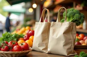Fresh produce displayed at a market with reusable bags filled with vegetables in the early afternoon light photo