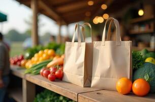 Fresh produce displayed at a local market with paper bags ready for shopping in the afternoon light photo
