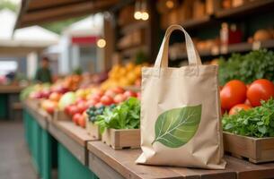 A canvas bag rests on a wooden table at a vibrant farmers market filled with fresh produce in the early afternoon light photo