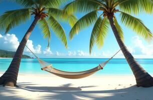 Relaxing hammock between palm trees on a sunny beach with turquoise waters and fluffy clouds in the background during a clear day photo