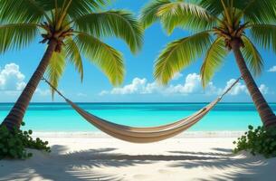Relaxing hammock between palm trees on a serene tropical beach under a clear sky at midday photo