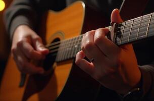 Musician playing acoustic guitar in a cozy setting during an evening performance photo