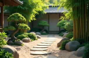 Serene Japanese garden pathway lined with stones, trees, and bamboo in a tranquil setting photo
