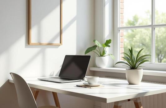 A bright and inviting workspace with a laptop, plants, and a cup of coffee near a window during the day photo