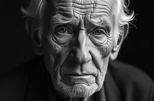 Elderly man with deep-set eyes and weathered skin gazing thoughtfully into the distance, conveying a sense of wisdom and experience photo
