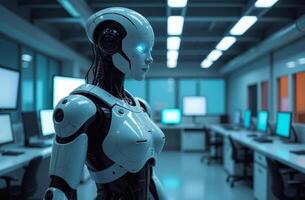 A futuristic robot stands in a modern office environment with computers and blue lighting, showcasing advanced technology in action photo