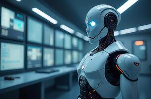 Futuristic humanoid robot stands in a high-tech control room, illuminated by screens and ambient blue lighting during the evening photo