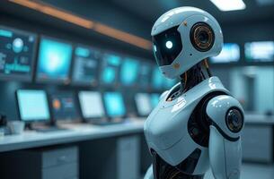 A humanoid robot stands confidently in a high-tech control room with glowing screens, showcasing advanced technology and design photo