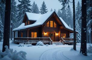 Cozy log cabin in a snowy forest surrounded by tall evergreens during winter twilight photo