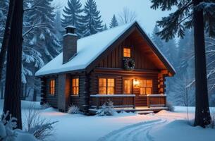 Cozy wooden cabin illuminated in the snowy woods during a winter evening surrounded by tall evergreen trees photo