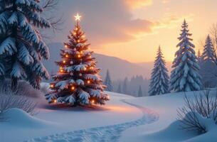 A serene winter landscape featuring a beautifully lit Christmas tree at sunset, surrounded by snowy pine trees photo