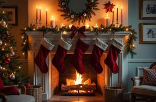 A cozy Christmas living room with a decorated fireplace and stockings hanging in warm evening light photo