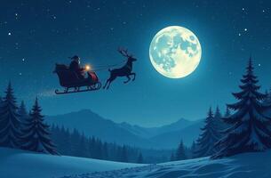 A magical winter night with Santa flying over snowy mountains in a sleigh pulled by a reindeer under a bright full moon photo