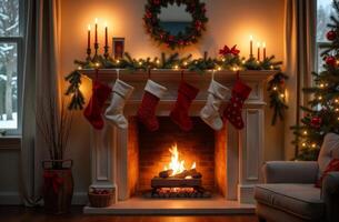 Cozy Christmas living room with stockings and a glowing fireplace during a snowy evening photo