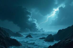 Dramatic lightning illuminates stormy ocean waves against dark, brooding clouds at dusk photo