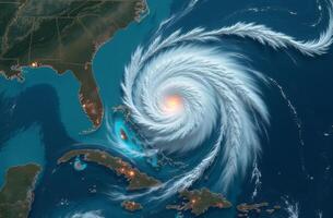 Hurricane forming in the Atlantic near Florida and Cuba with spiral cloud patterns and intense energy in the ocean photo