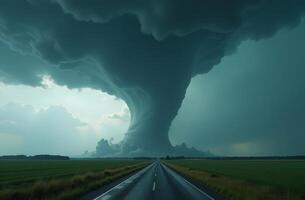 Dramatic storm clouds swirl ominously above an empty road surrounded by green fields on a cloudy day photo