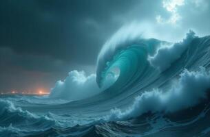 A powerful ocean wave crashes against the shore under a stormy sky near a city at dusk photo
