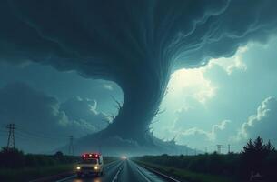 A dramatic sky filled with swirling clouds looms over a highway, as an emergency vehicle approaches ominously in the twilight photo