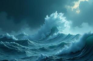 Stormy ocean waves crashing under dark clouds during twilight with a hint of light breaking through the horizon photo