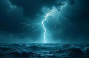 Dramatic thunderstorm over turbulent ocean waters showcasing bright lightning at dusk photo