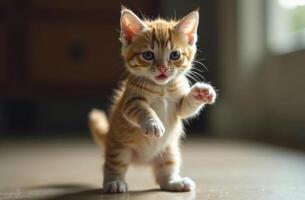 Playful orange tabby kitten exploring its surroundings in a sunlit room during the afternoon photo