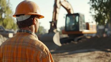 Construction worker observes heavy machinery operating at a busy construction site in the early morning sun photo