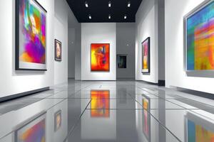 Modern art gallery interior showcasing colorful contemporary artwork with polished floors in an urban setting photo