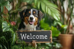Happy dog greets visitors with a welcome sign in a tropical indoor garden setting photo