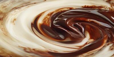 Creamy chocolate swirl blending smoothly with milk at a culinary kitchen photo