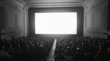 Crowd gathering in a vintage theater watching a film on a large screen at night in a classic movie house photo
