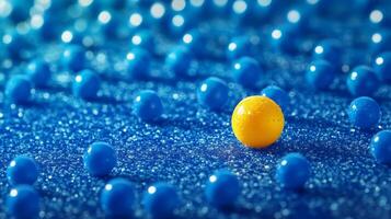 Vibrant yellow ball stands out among blue spheres on a textured surface during a bright scene photo