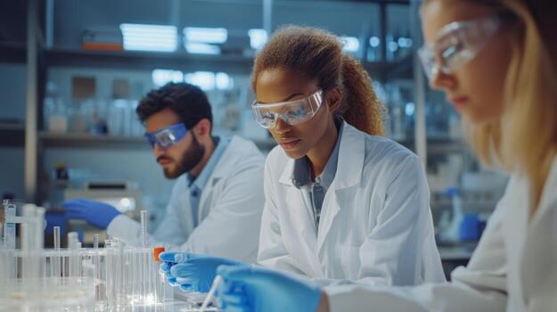 Team of scientists conducting experiments in a modern laboratory with beakers and test tubes during the day photo