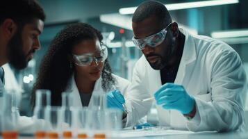 Scientists conduct research in a modern laboratory, collaborating on experiments and analyzing samples photo