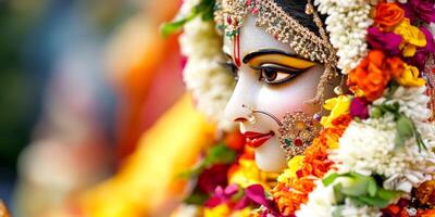 Colorful depiction of a goddess adorned with flowers during a cultural festival celebration photo