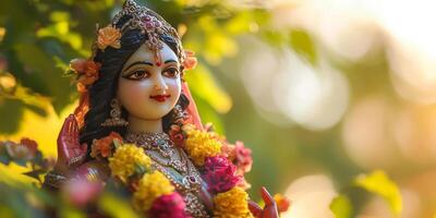 Exquisite goddess statue adorned with flowers set against a blurred natural background in soft golden light photo