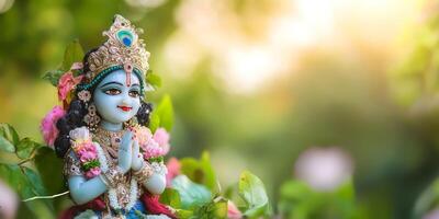 Beautiful Krishna statue surrounded by lush greenery during golden hour in a serene garden photo
